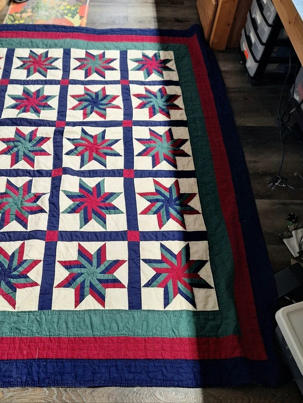Handmade Vintage "LeMoyne Star or Blazing Star" Patriotic Quilt, 80 X 80 - Picture 2 of 13